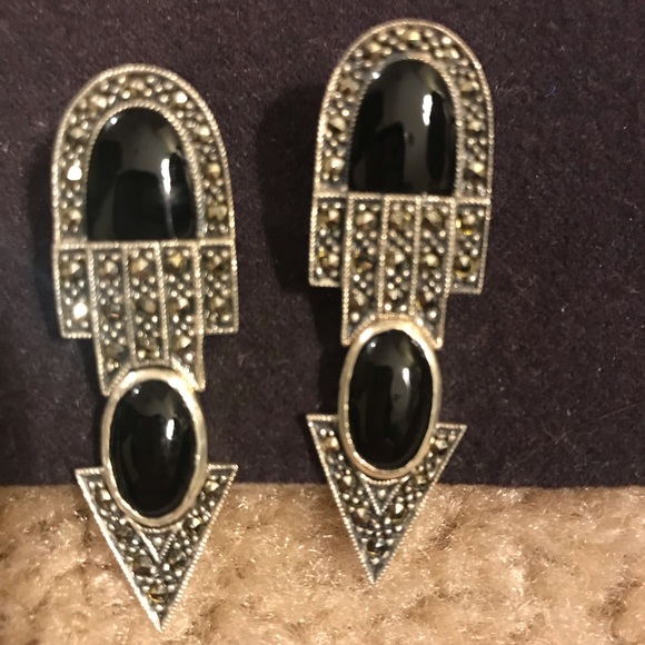 Jewelry - Art Deco marcasite & black onyx pierced earrings